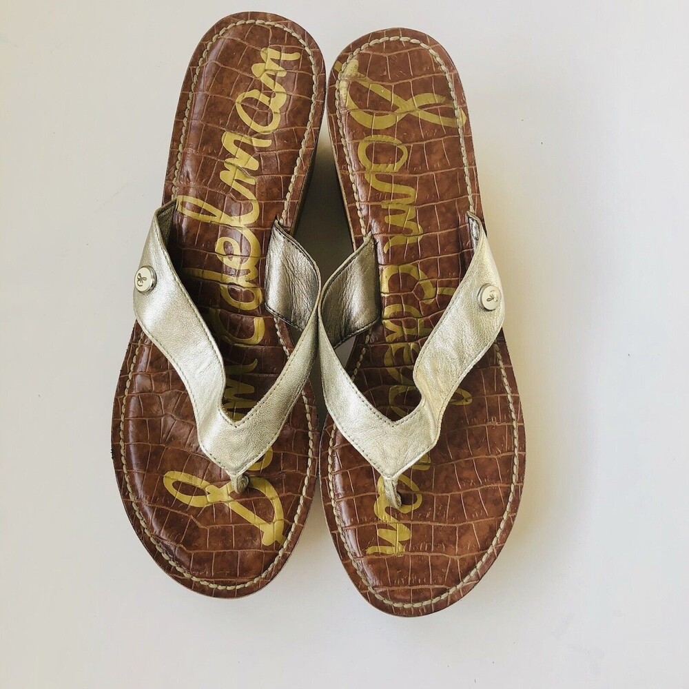 Sam Edelman Platform Sandals Womens 8.5 Silver Cork Leather Wedge Gently Used wg - Picture 2 of 5